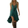 thumbnail image 2 of OSFVNOXV Mini Dresses for Women Sleeveless Vintage Boho Dress High Waisted Lace-Up Split Ruffle Western Cowgirl Outfits for Wedding Guest Party, 2 of 8