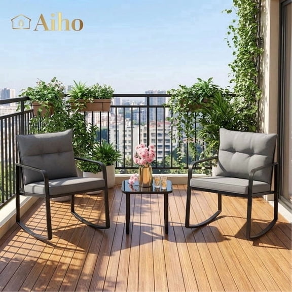 3-Piece Outdoor Bistro Set with Glass Coffee Table, Aiho Outdoor Patio Conversation Set with Soft Cushion for Garden, Backyard, Poolside, Balcony - Gray