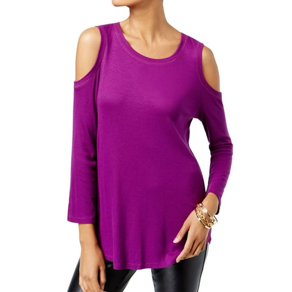I.N.C Womens Cold Shoulder Basic T-Shirt, Purple, Small