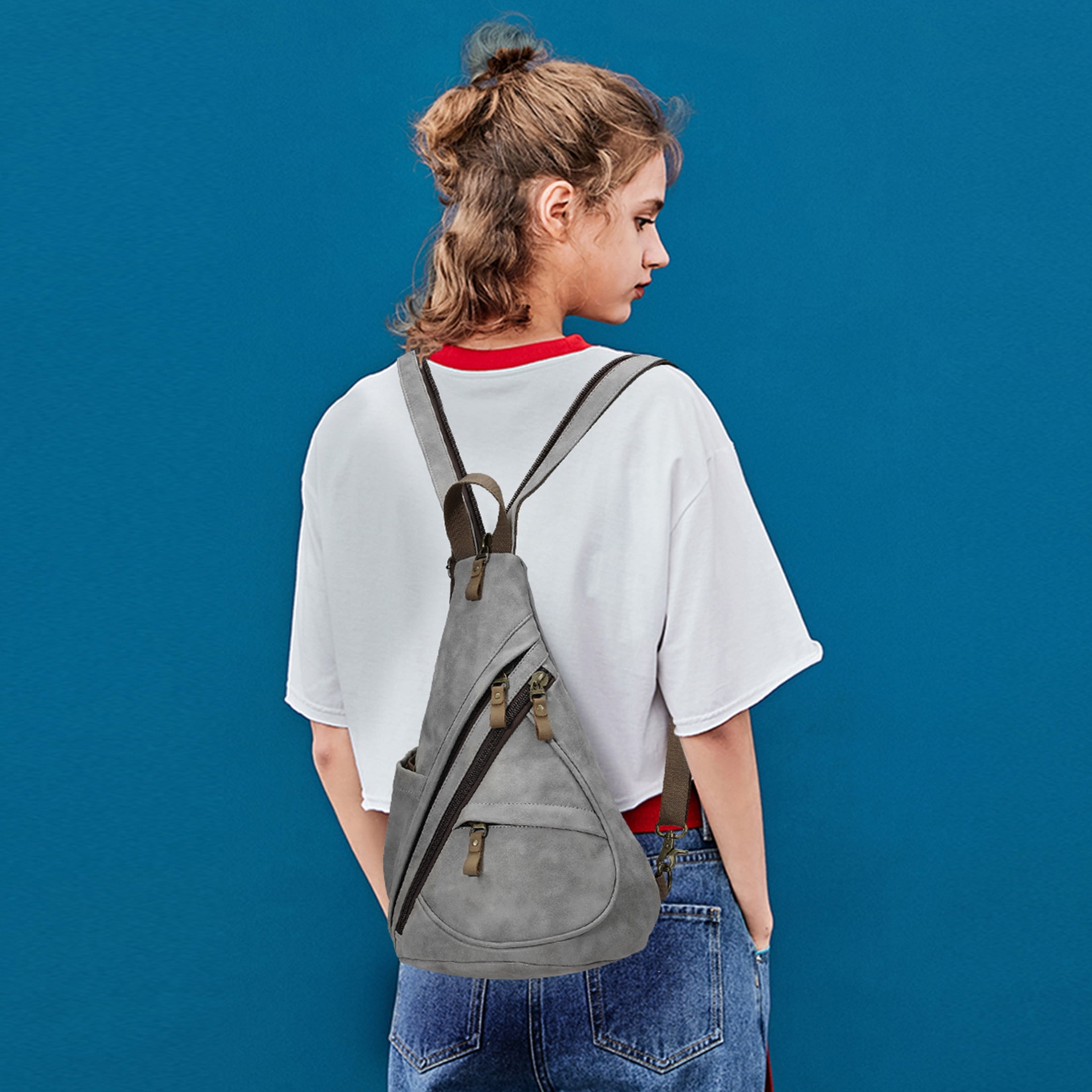 KL928 Vintage Leather Fanny Packs,Multi-pockets Sling bag for Men and Women,Grey