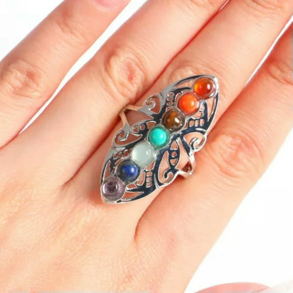 Natural 7 Chakra Crystal Round Bead Ring Quartz Stone Jewelry Healing Reiki Gift