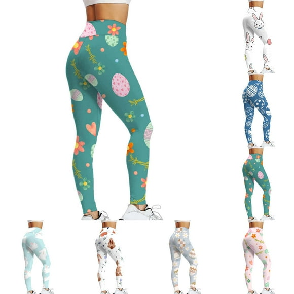 Bunenne Womens Leggings for Women Tummy Control Womens Bunny Easter Eggs Floral Pattern Stretchy Leggings Pants for Women White M