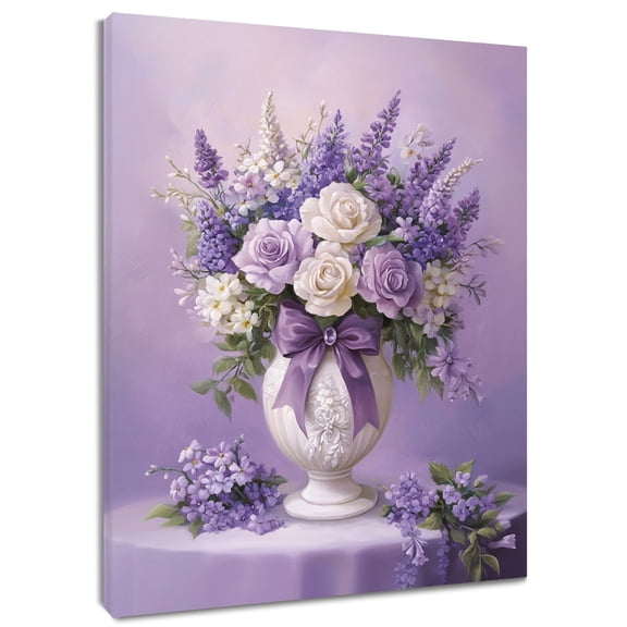 HVEST Purple Floral Wall Art Purple and Beige Flower on Vase Canvas Wall Art Modern Elegant Wall Decor for Living Room Bedroom Home, 12 X 12 inches