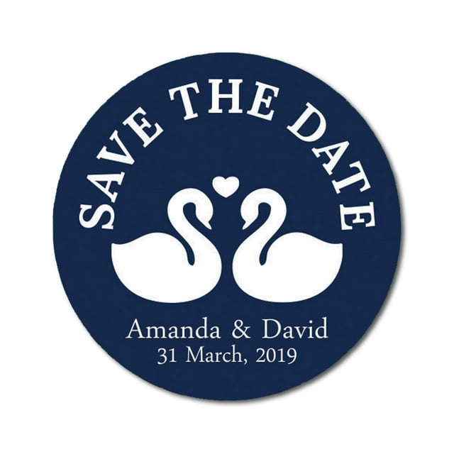 Darling Souvenir Round 45 Pcs Loving Swans Save The Date Stickers Personalized Bride Groom Names And Date Envelope Seals - Navy Blue
