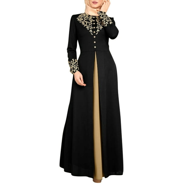 WILLBEST Vestidos de Algodon para Mujer, Falda Larga con Temperamento Contrastante Bañada En Oro para Mujer, Vestido de Fiesta de Manga Larga, Traje con Pañuelo para La Cabeza Grande