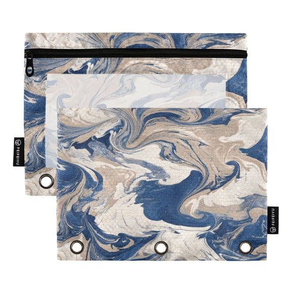 2 Pack 3 Ring Binder Pouch with Clear PVC Window Water Resistant Zipper Pencil Pouch Blue Flowing Liquid Marble Binder Pocket for Classroom Office Home Stationery Organization
