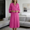 thumbnail image 6 of FDGIU Women's Collared V Neck Half Button Bell 3/4 Sleeve Loose Linen Midi Dress, Casual Office Work Spring Fall Home Lounge Straight Mid Length Dresses, 6 of 6