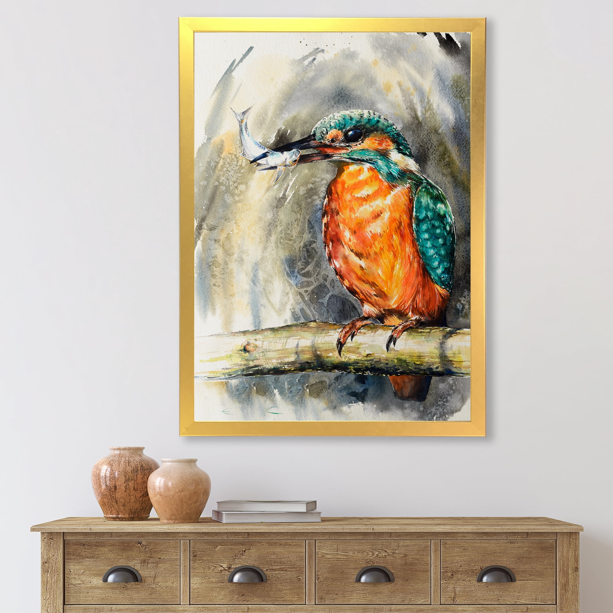 Designart 'Common Kingfisher On Branch Eating A Small Fish' Traditional Framed Art Print
