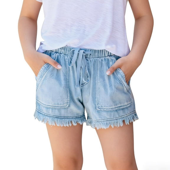 Girls Denim Shorts with Adjustable Drawstring Elastic Waist Light Wash Frayed Hem Summer Jean Shorts for Kids 4-14 Years,Size 7-8T