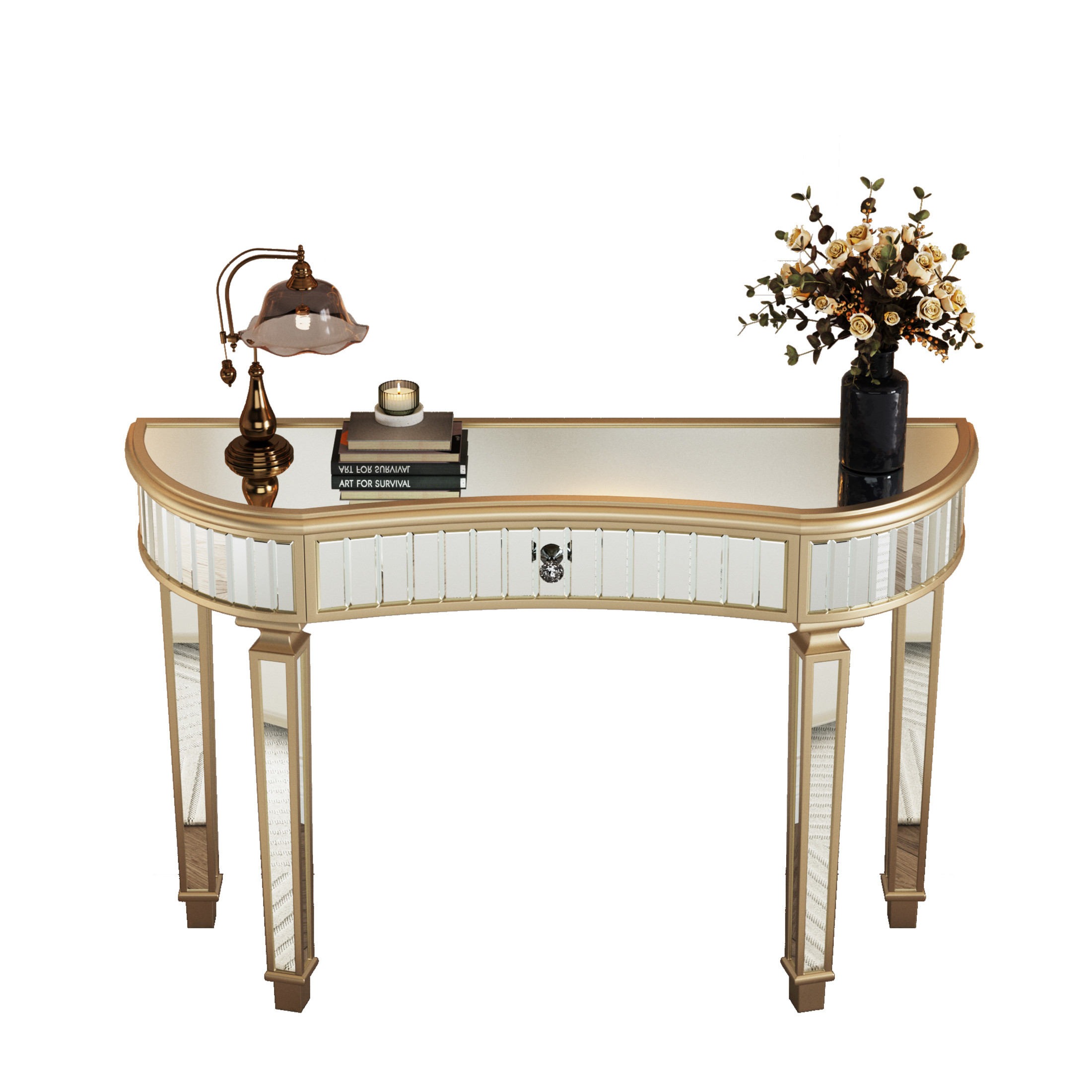 Noble House Half-Moon Mirrored Console Table with Fluted Glass & Crystal Knob Drawer - Silver Entryway Vanity Desk for Bedroom/Dressing Room,Golden+Silver
