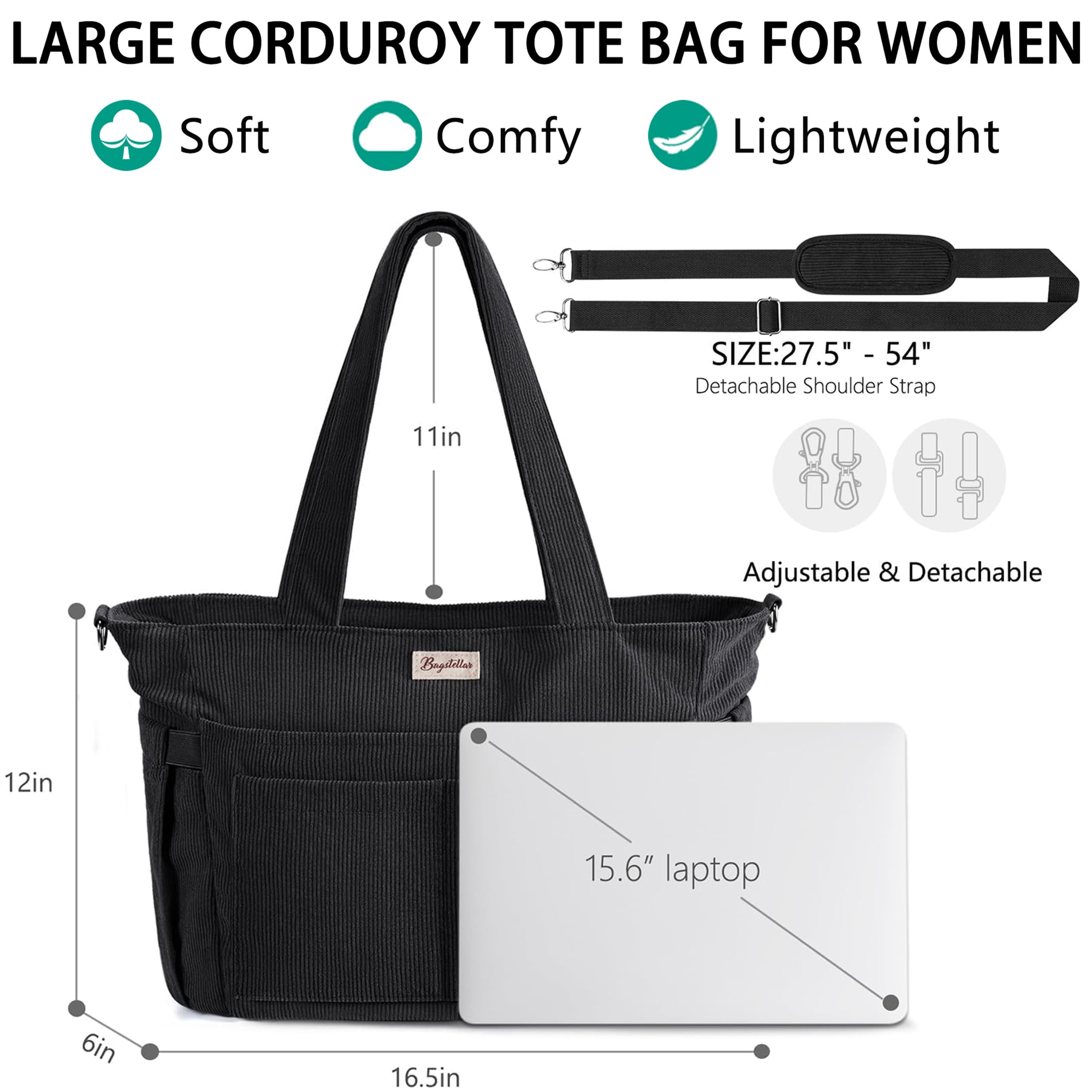 Corduroy Tote Bag for Women, Lightweight Work Laptop Tote Purse With 17 Pockets, Crossbody Shoulder Handbag for School Work Travel Gym, Black