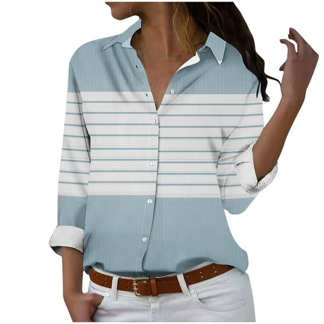 ameIAEA Women's Collared Button Down Blouses Long Sleeve Color Block Casual Tops 2024 Fall Shirts