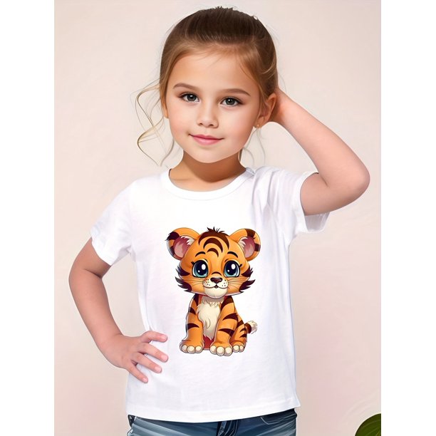 Camiseta de manga corta con cuello redondo y estampado de tigre para niñas, 100 % algodón, ideal como regalo de Navidad y verano.