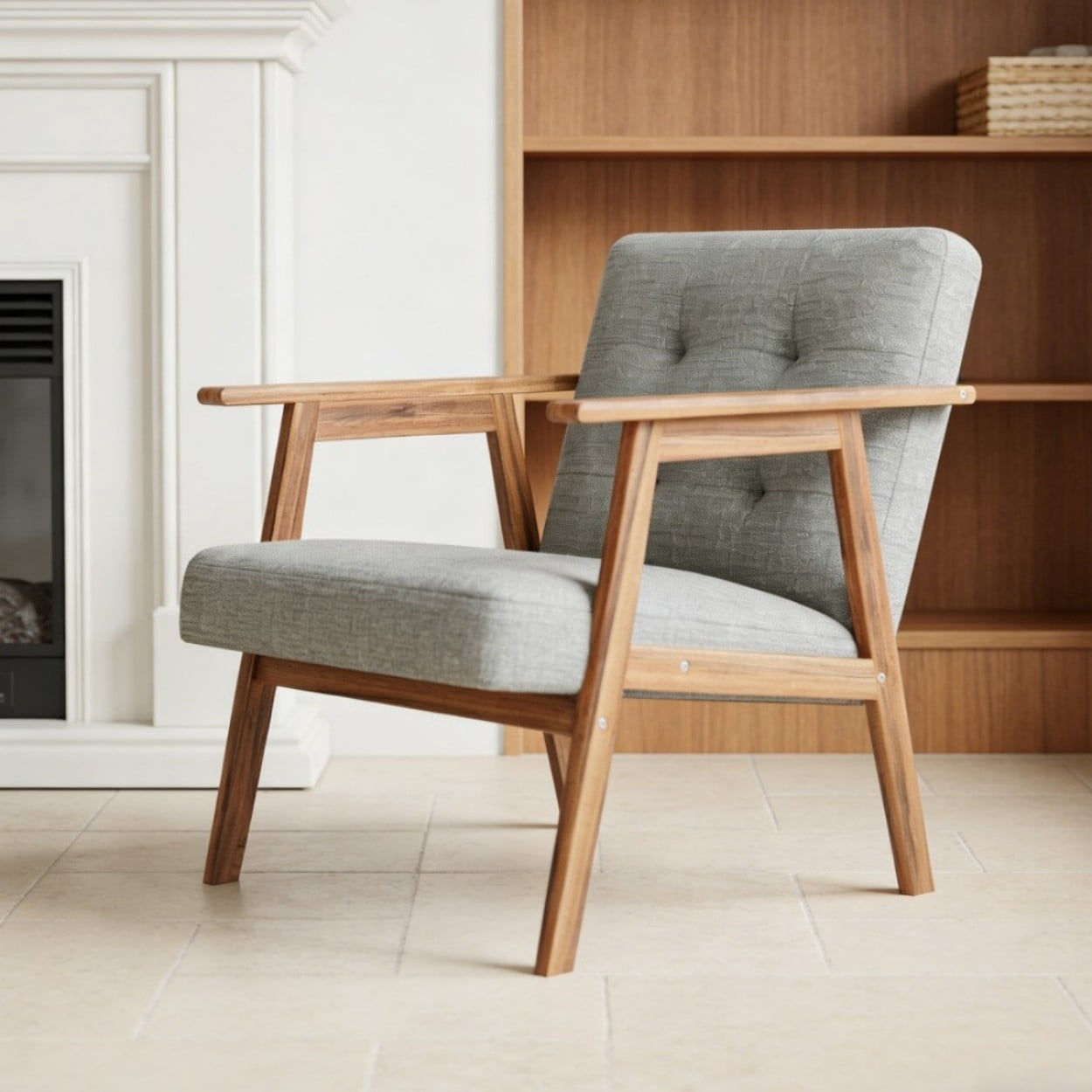 Modern Accent Chair, Fabric Upholstered Armchair with Tufted Details and Wooden Frame, Light Gray Lounge Chair for Living Room, Bedroom & Office, Light Gray
