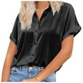 thumbnail image 2 of Summer Tops for Women 2025 Silk Button Down Satin Short Sleeve V Neck Casual Work Blouse Summer Shirts for Women Black L, 2 of 5