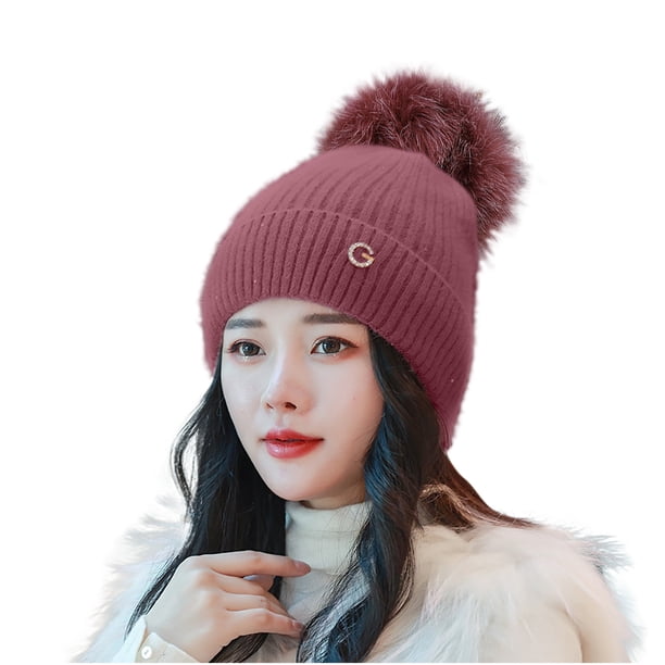 Gorro de lana de bola de pelo cálido con protección para los oídos de punto de lana de doble capa para mujer Fridja nalpqowj1807
