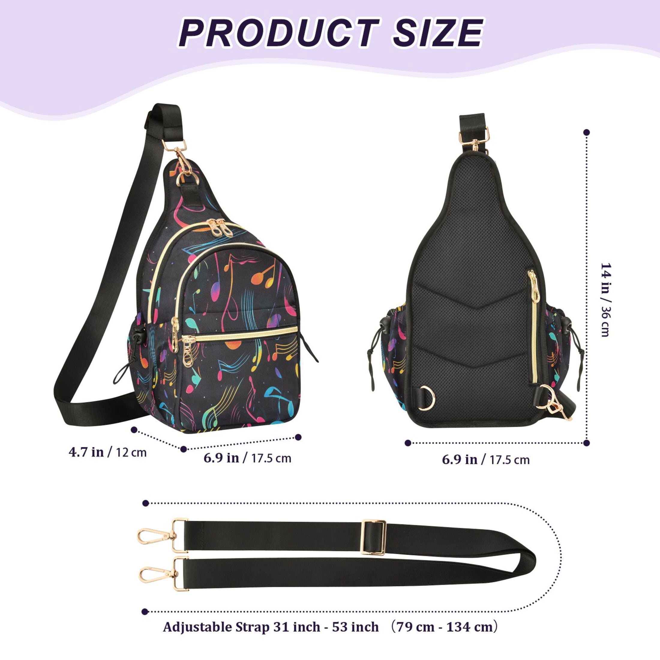 Crossbody Sling Bag for Women Shoulder Purse Trendy Daypack with Adjustable Strap Musical Notes and Waves Pattern