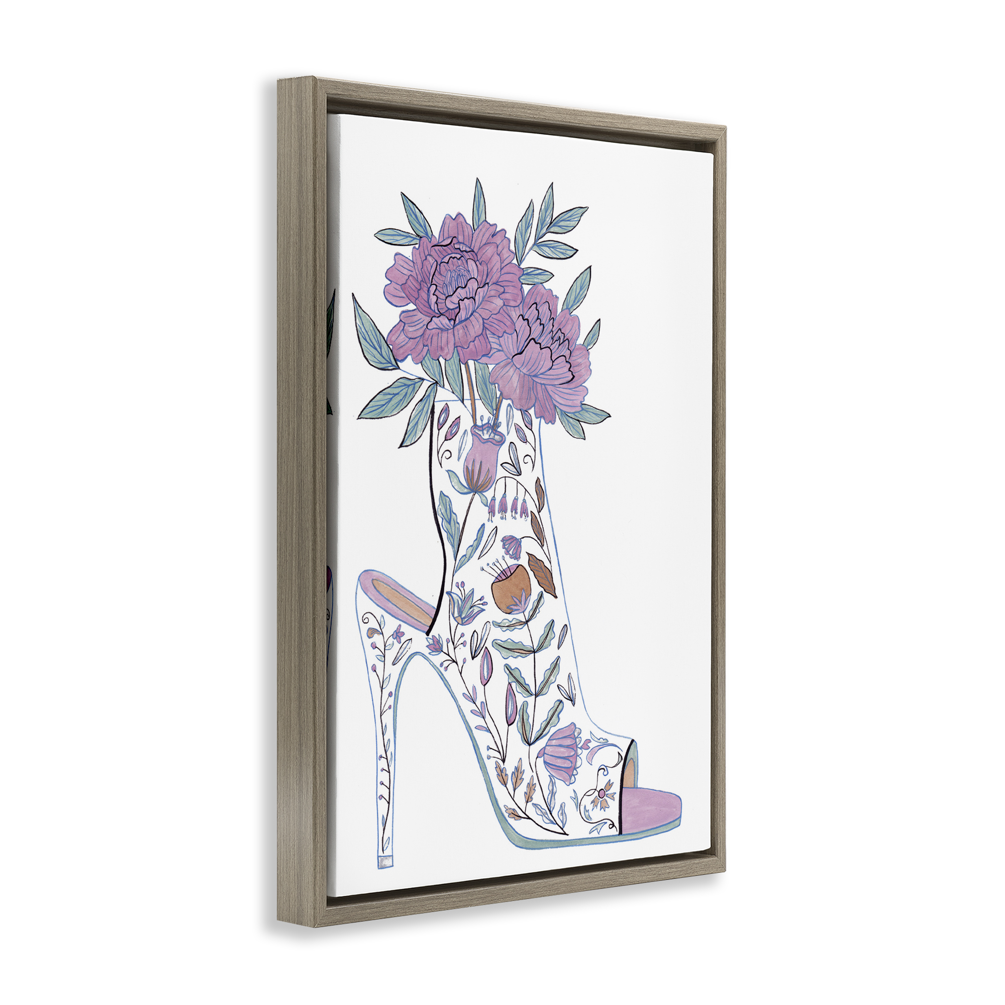 Stupell Industries Shoe with Bouquet Botanical & Floral Painting Brown Floater Framed Art Print Wall Art, 17 x 25