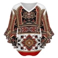thumbnail image 5 of Ornate Red Gold Textile Design Women's V-Neck Blouse With 3/4 Ruffled Bell Sleeves Casual Top Ladies Blouses, 5 of 7