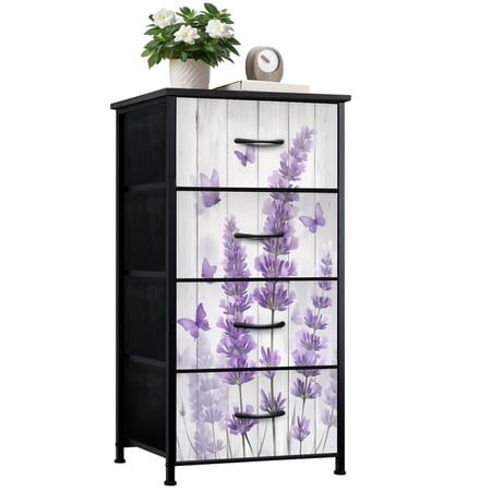 Rustic Dresser for Bedroom with 4 Storage Drawers Lavender Flowers Purple Butterflies White Wood Dressers Chest of Drawers Steel Framed Fabric Closet Organizers for Dorm Entryway