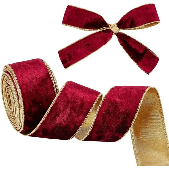9.8 Yards Dark Red Velvet Wired Ribbon 2 inch Wide Velvet Ribbon Single Sided Velvet Fabric Ribbon Trim Gold Edged Velvet Ribbon with Gold Back for Gift Wrapping Making Christmas Decor