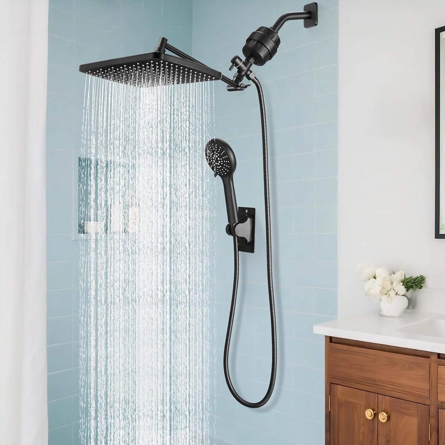 Upgraded Filtered High Pressure Rainfall Showerhead Combo with Arm for Bathroom Accessories, Rain Shower Head Handheld, Detachable Dual Multi Modes Handheld Spray Matte Black