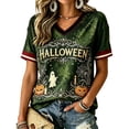thumbnail image 2 of Halloween Shirts for Women V Neck Casual Cute Pumpkin Ghost Womens Short Sleeve Tops Party Holiday Graphic Tees Dark Green L, 2 of 4