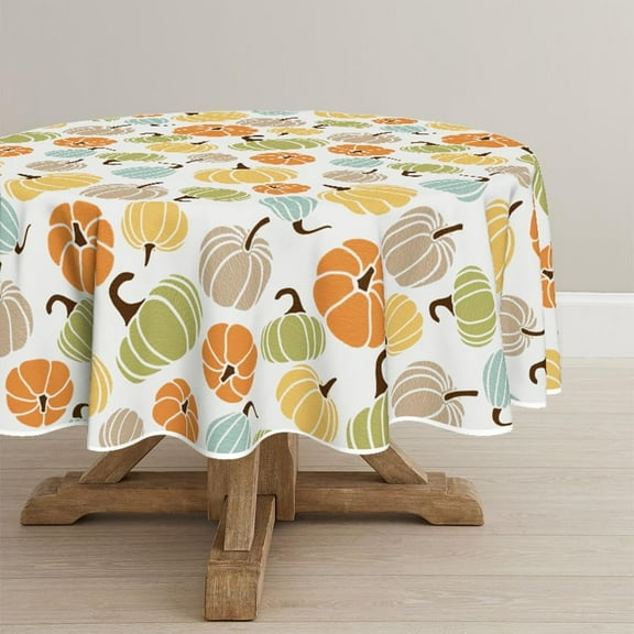 Fall Tablecloth 60x60 Inch Round, Thanksgiving Autumn Harvest Orange Yellow Blue Green Colorful Pumpkins Table Cover for Party Picnic Dinner Decor