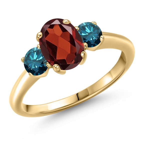 Gem Stone King 10K Yellow Gold Red Garnet and Blue Diamond Engagement Ring for Women | 2.04 Cttw | Oval 8X6MM | Gemstone January Birthstone | Size 7