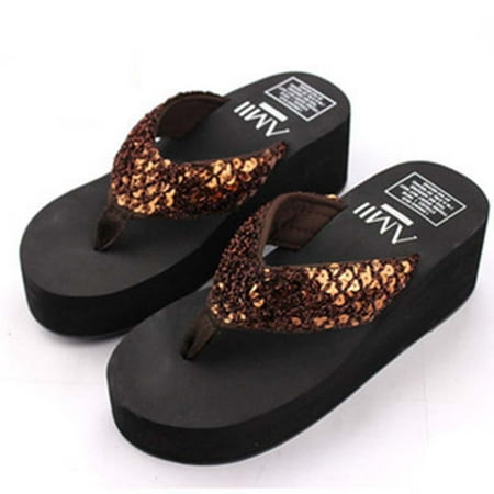 

Lilgiuy Summer New Cool Slippers Women s Large Herringbone Slippers Slope Heel Thick Sequin Slippers Sand Antiskid Clip On SlippersCoffee 7(39) for 2022