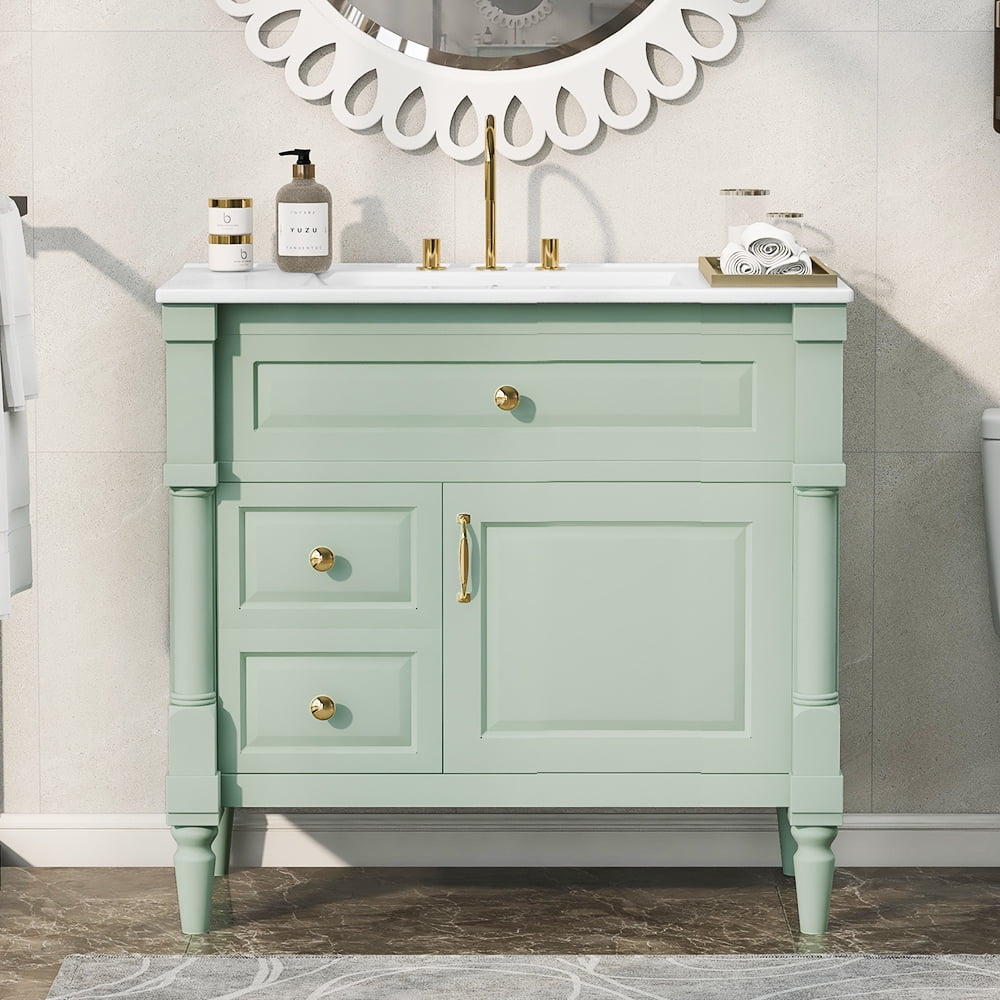 DTTRA 36" Modern Freestanding Bathroom Vanity with Ceramic Sink, Flip Drawer & Adjustable Shelf, Green