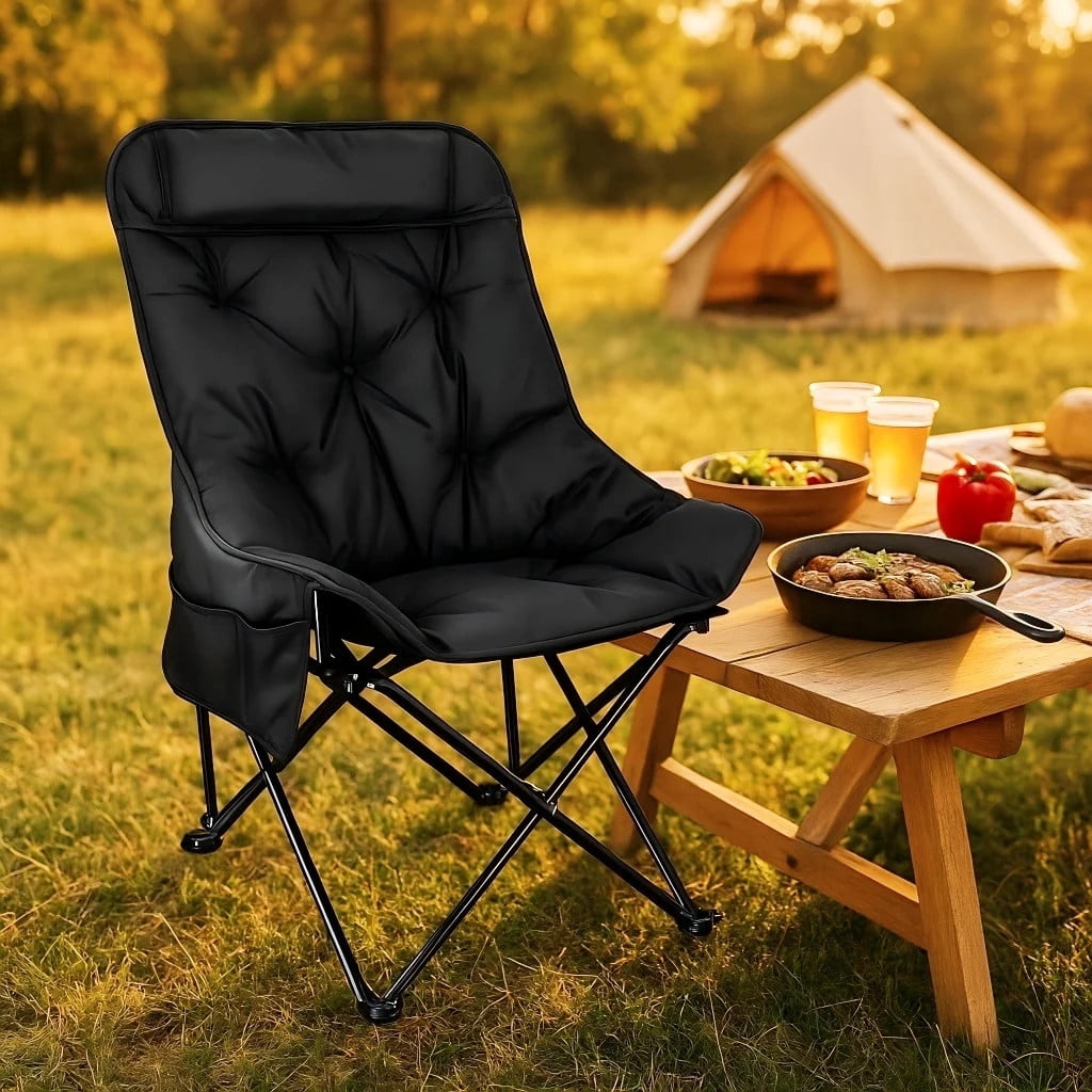 TEAFIRST Camping Chair, Oversized Comfort Padded Folding with Cup Holder, for Outdoor Camping, 300 lbs Capacity, Black