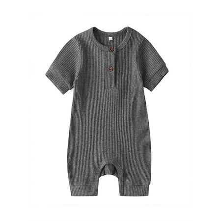 

Newborn Infant Baby Boy Girl Casual One Piece Jumpsuit Short Sleeve Solid Ribbed Knit Round Neck Bottom Button Romper 0-18 Months