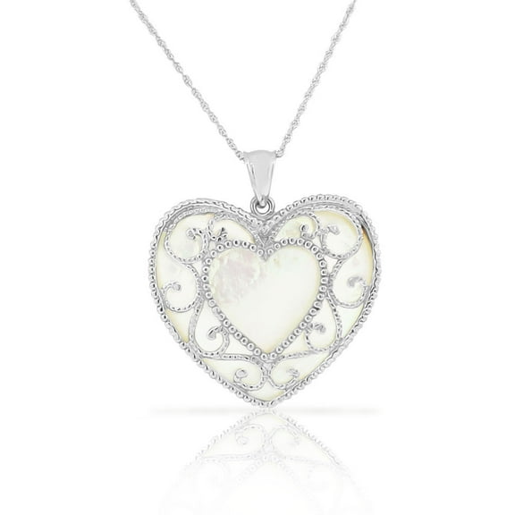 925 Sterling Silver Filigree Genuine Mother-of-Pearl Extra Large Love Heart Pendant Necklace