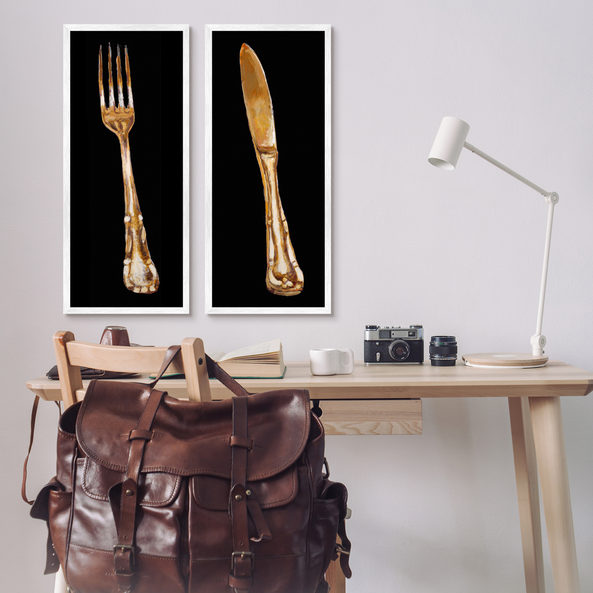 Stupell Industries Vintage Patina Cutlery Fork Knife Kitchen Portraits Framed Wall Art, 13 x 30, Design by Adolf Llovea