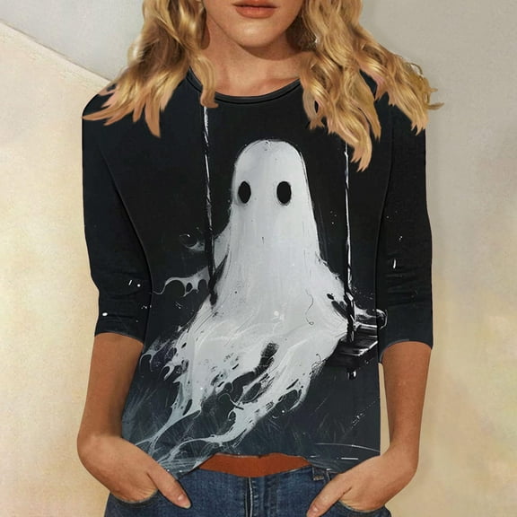 Fartey Womens Halloween Shirts Cute Spooky Printed T-Shirts Casual 3/4 Sleeve Tee Shirts Soft Comfy Crewneck Halloween Tops Fall Casual Blouses,S