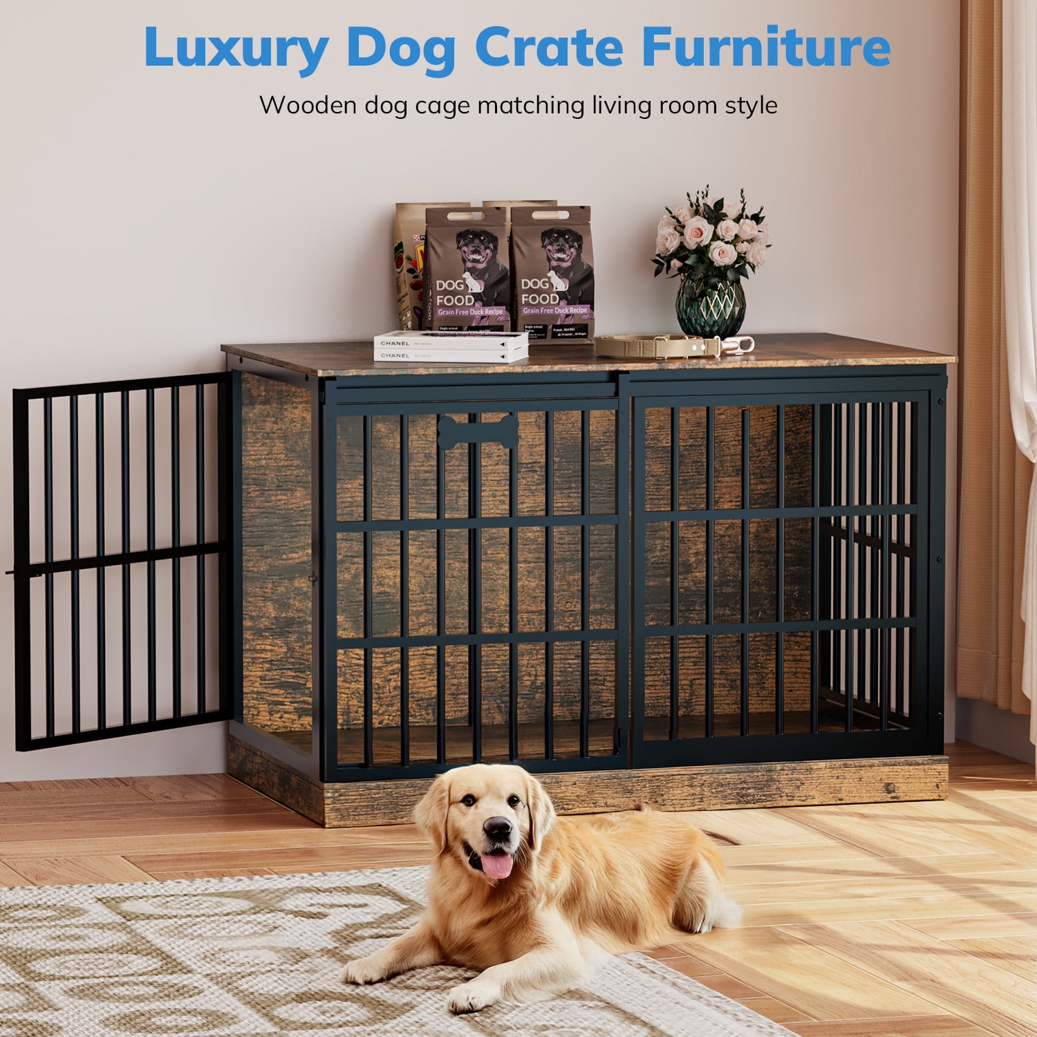 Behost 47" Dog Crate Furniture for Large Dogs, Indoor Dog Cage Kennel with Customizable Nameplate, 3-Sided Access, Rustic Brown