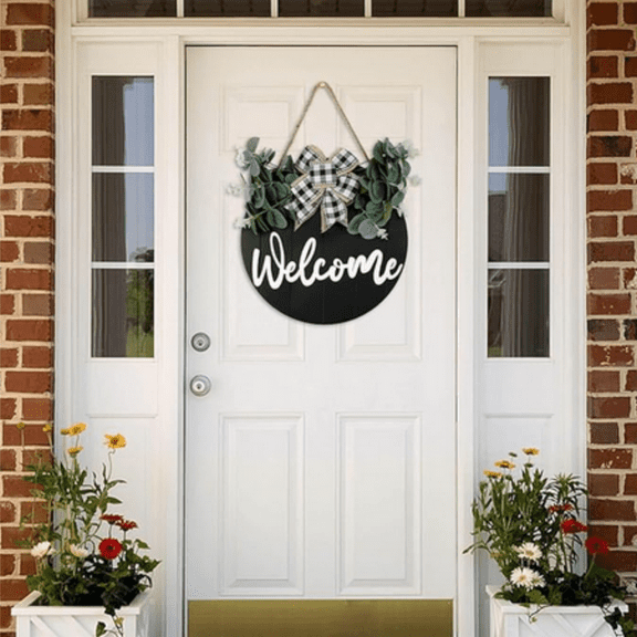 Front Door Welcome Wreath - Farmhouse Welcome Sign for Front Door - Vertical Concave Stripes Wooden Front Door Wreaths for Home Decor(Black) - Housewarming Gift
