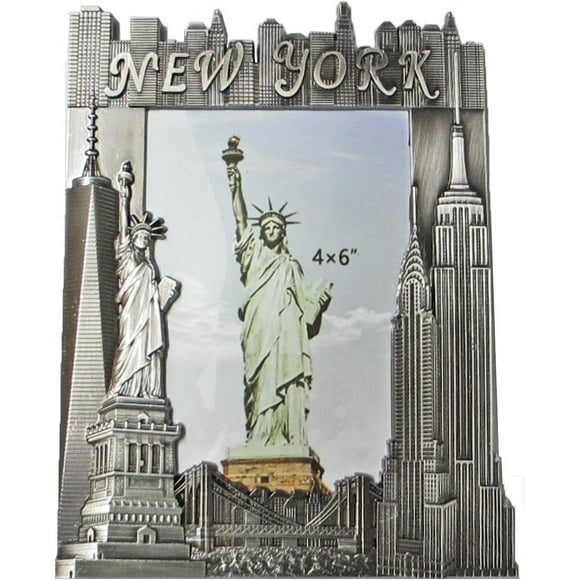 New Souvenir Metal Pewter Picture Frame with Statue of Empire State Building Freedom Tower NYC Skyline Fits 4x6 Photo