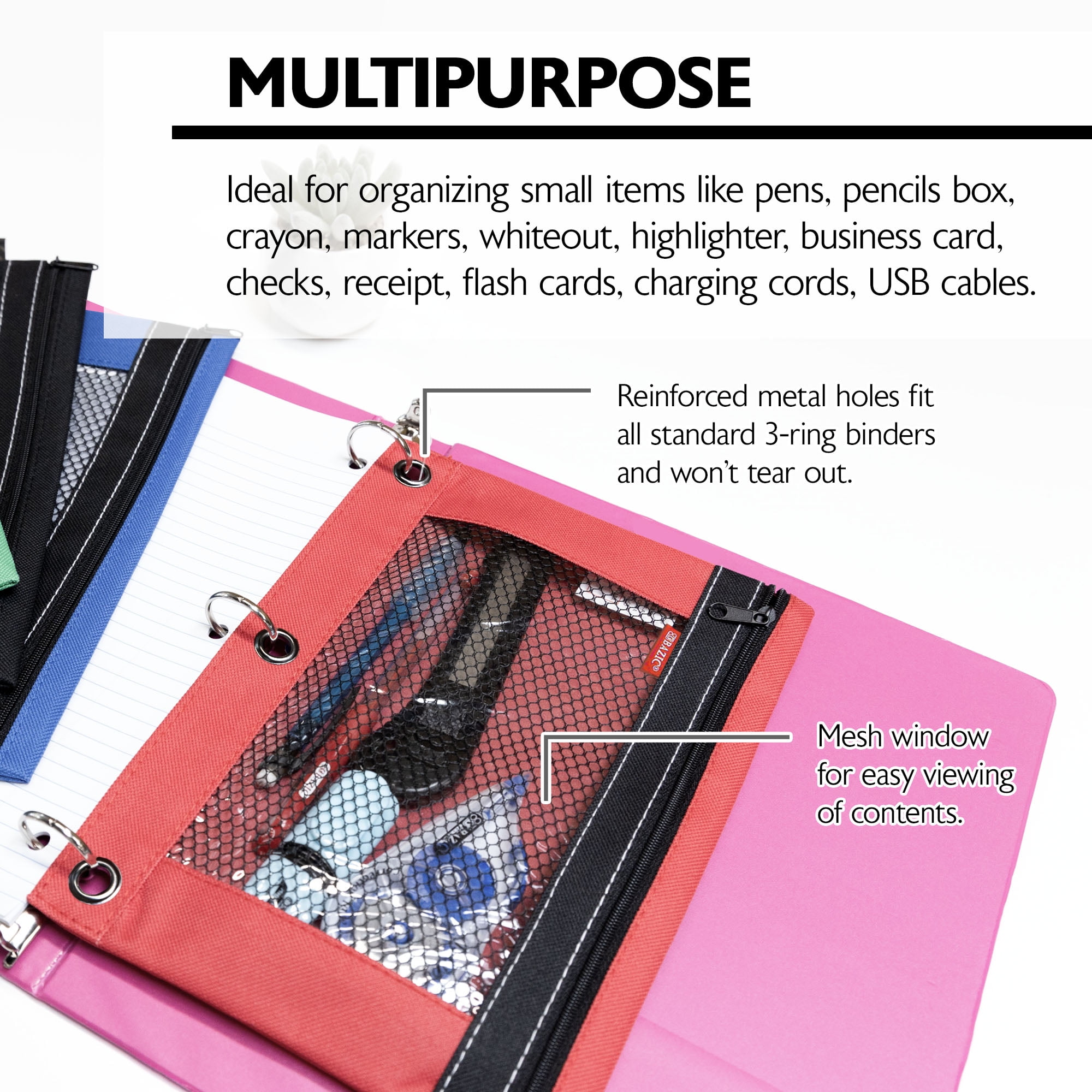 BAZIC 3 Ring Pencil Pouch, Mesh Window, Assorted Color, 4-Pack