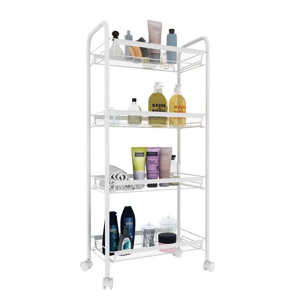 Kepooman 4-Tier Mesh Wire Rolling Cart with Hook Ivory, White Kepooman 4-Tier Mesh Wire Rolling Cart with Hook Ivory, White