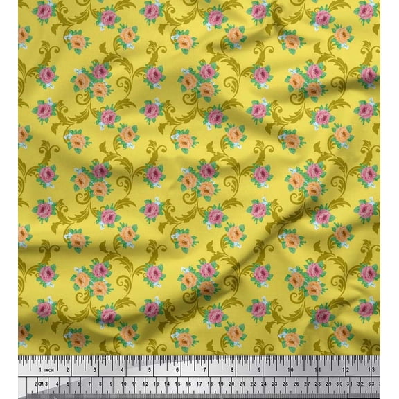 Soimoi Rayon Fabric Swirl,Leaves & Rose Floral Print Sewing Fabric Yard 56 Inch Wide