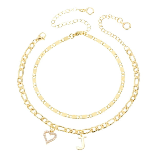 Uxcell Pulseras de Tobillo Inicial Corazón para Mujeres, Pulseras de Corazón Letra J Baño de Oro de 14K, Cadena de Letras A-Z con Caja para Regalo de Verano, Tono Dorado