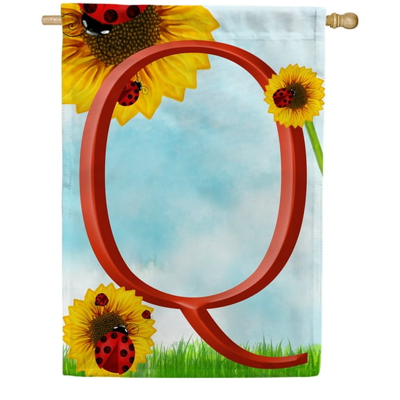 America Forever Summer Sunflower Ladybugs Monogram House Flag Letter Q 28 x 40 inches Yellow Floral Spring Double Sided Vertical Outdoor Yard Lawn Decorative Yellow Hello Sunshine House Flag