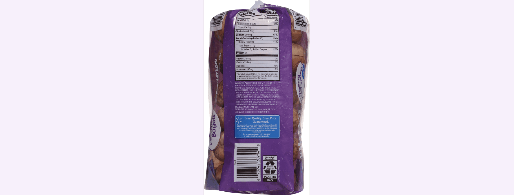 Great Value Pre-Sliced Cinnamon Raisin Bagels, 20 oz, 6 Count
