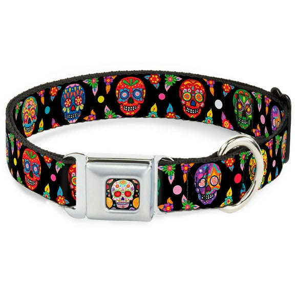 Thaneeya McArdle Pet Collar, Dog Collar Metal Seatbelt Buckle, Colorful Calaveras Black Multi Color, 16 to 23 Inches 1.5 Inch Wide