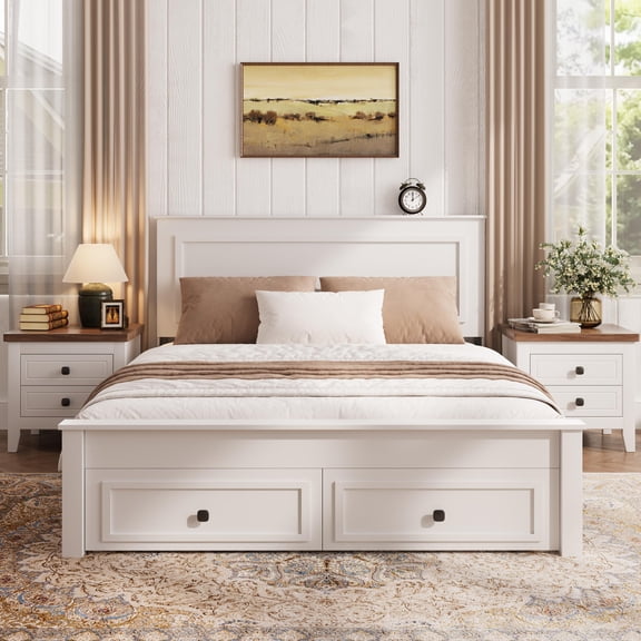 UHOMEPRO Full Size Storage Bed Frame with 2 Drawers, Wood Platform Bed Frame with Headboard & Footboard, Strong Support Slats, Full Bed Frame No Box Spring Required, White