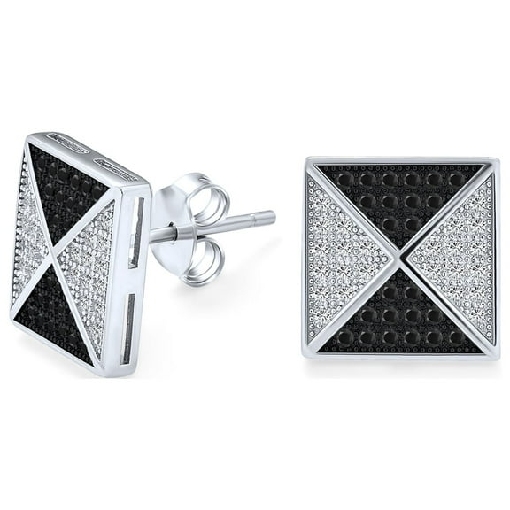 Bling Jewelry Mens Black Royal Blue CZ Stud Square Earrings Pyramid