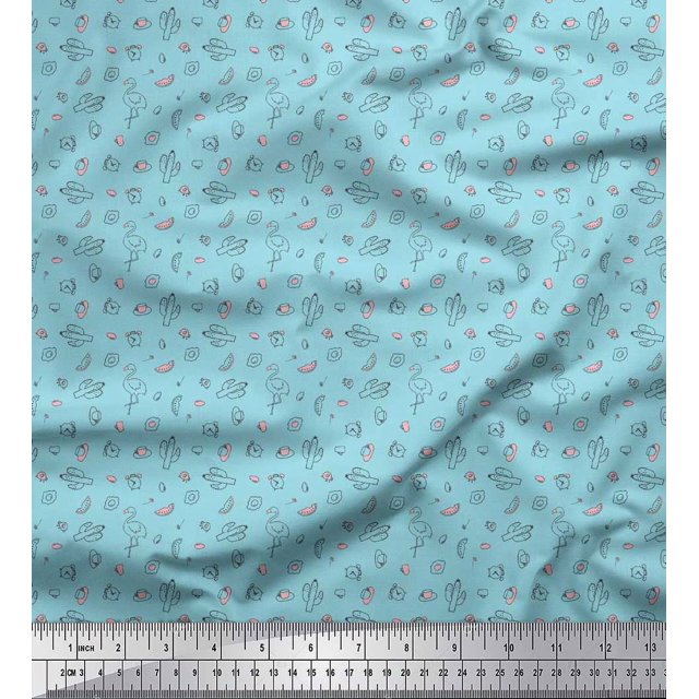 Soimoi Rayon Fabric Cactus,Alarm Clock & Flamingo Shirting Printed Fabric 1 Yard 56 Inch Wide