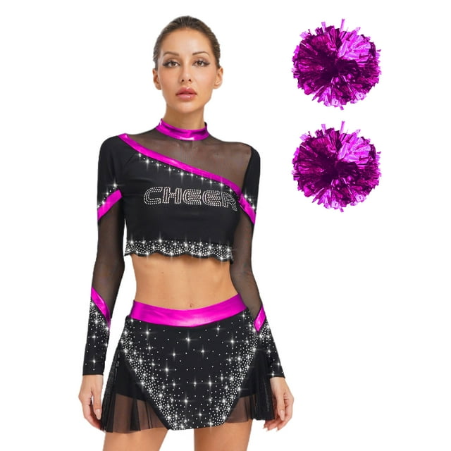 Moggemol Womens 3Pcs Cheer Leader Outfits School Cheerleading Uniform Set Hot Pink M